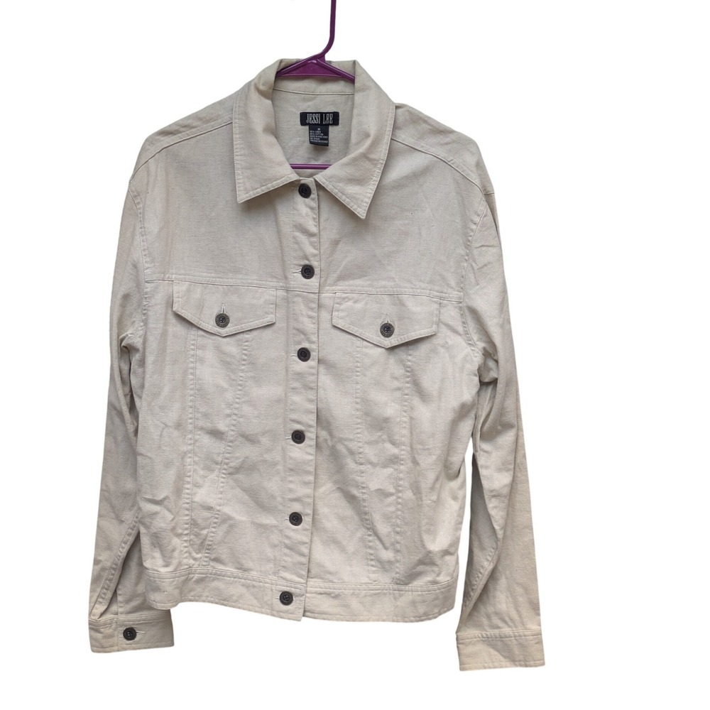 Jessi Lee Linen Cotton Blend Button Front Trucker Jacket Cream Beige Medium - Picture 2 of 5
